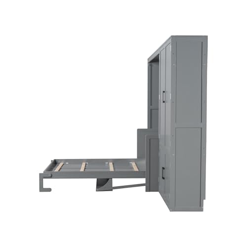 Merax Queen Size Murphy Bed Wall Bed with Closet and Wardrobe Storage for Bedroom,Gray Merax