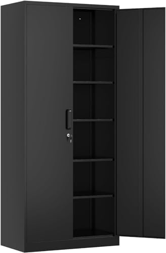 Allouncer Metal Storage Cabinet with 5 Adjustable Shelves, Pantry Cabinet with 2 Doors, Lockable Garage Storage Cabinet, Tool Cabinet, File Storage Cabinets -71" Black