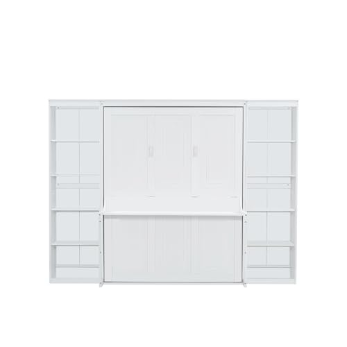 SOFTSEA Queen Size Murphy Bed with Desk, Space Saving Foldable Wall Bed Frame with Storage Shelves, Hideaway Wall Murphy Bed Cabinet for Small Room, Guest Room, White SOFTSEA