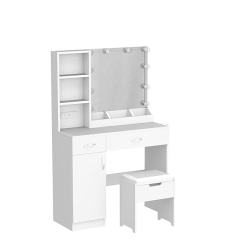 Fameill Makeup Vanity Desk with Lighted Mirror & Power Strip,White Vanity Table Set with Lights and Lots Storage,2 Drawer Makeup Table,3 Lighting Colors,35.4in(L) - WoodArtSupply