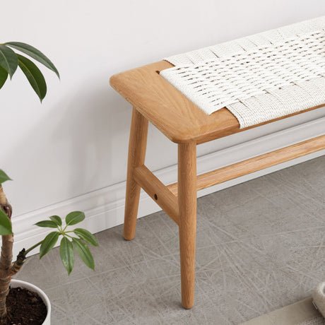 Design Natural Oak Wood Dining Bench with Handwoven Cane Seat in White HouseOfZazla