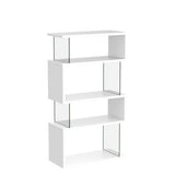 BOWERY HILL Cool Modern 4 Shelf Asymmetrical Snaking S-Shape Bookcase in Glossy White and Glass BOWERY HILL