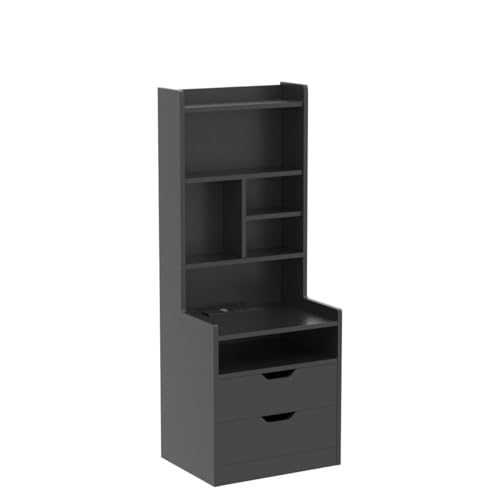 BTHFST Tall Black LED Bedside Nightstand with Charging Station, Shelves, and Drawers - WoodArtSupply