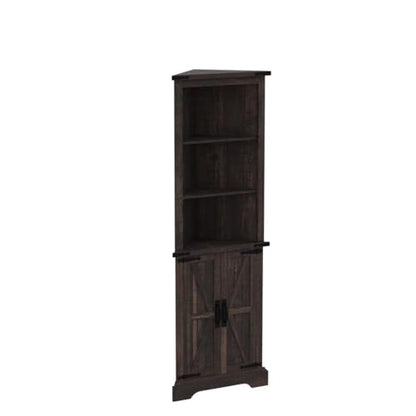 OKD Tall Corner Cabinet, Farmhouse Storage Cabinet with Barn Door Design & Adjustable Shelves, Home Space Saver for Bathroom, Living Room, Dark - WoodArtSupply