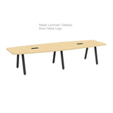 Modern 10ft Conference Table Boat Shaped Wood Tabletop 1.5" Thick Maple Laminate Finishes with Black Colors Metal V Legs Sleek Desk Grommets Meetings Boardroom Offices Business 118"L x 47-32"W x 29"H WoodArtSupply