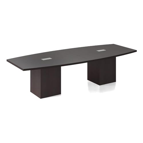 New Espresso Laminate Finish 12ft Modern Conference Table Wood Boat Shaped Square Storage Cube Legs Doors Grommets Desk Base Meeting Room Racetrack Office Business Furniture 142''L x 47-32''W x 29''H WoodArtSupply