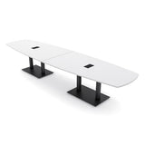14 Person Arc Boat Shaped Modular Conference Table with Power and Data Module | Harmony Series | Matte Black Square Metal Bases & White Cypress Finish | Scratch-Resistant Laminate | White -14ft SKUTCHI DESIGNS INC.