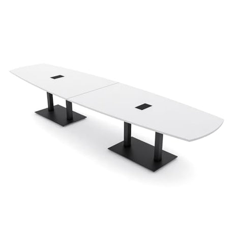 14 Person Arc Boat Shaped Modular Conference Table with Power and Data Module | Harmony Series | Matte Black Square Metal Bases & White Cypress Finish | Scratch-Resistant Laminate | White -14ft SKUTCHI DESIGNS INC.