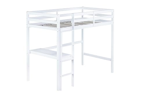 Twin Size High Loft Bed with Built-in Desk,Rubber Wood Loft Beds for Kids with Ladder & Safety Guardrail,Space-Saving Study and Sleep Combination,Wooden Frame for Bedrooms,Easy Assembly,White GDFStudio