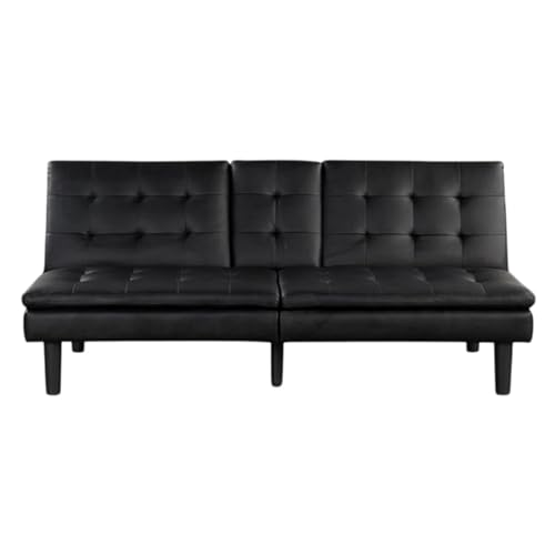 Benzara Berie Futon Sofa Bed, Drop-Down Tray, Cupholder, Black Faux Leather Benzara
