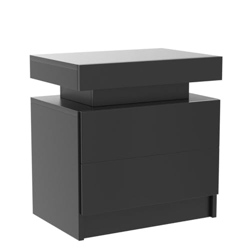 HOMMPA LED Nightstand Modern Black Nightstand with Led Lights Wood Matte Led Bedside Table Night Stand with 2 High Gloss Drawers for Bedroom 20.5" Tall - WoodArtSupply