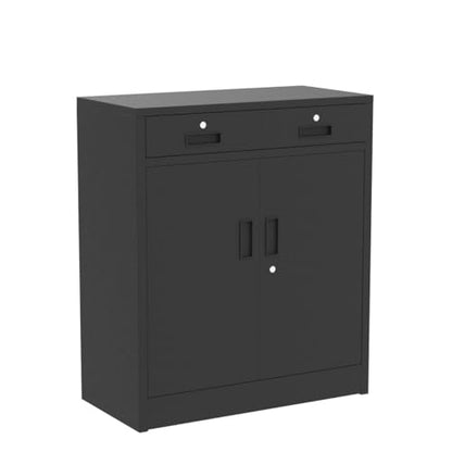 CJF Metal Storage Cabinet with 2 Doors and 2 Locking Drawers, Steel Storage Cabinets for Office/Home 36.2" H x 31.5" W x 15.7" D (Black) - WoodArtSupply