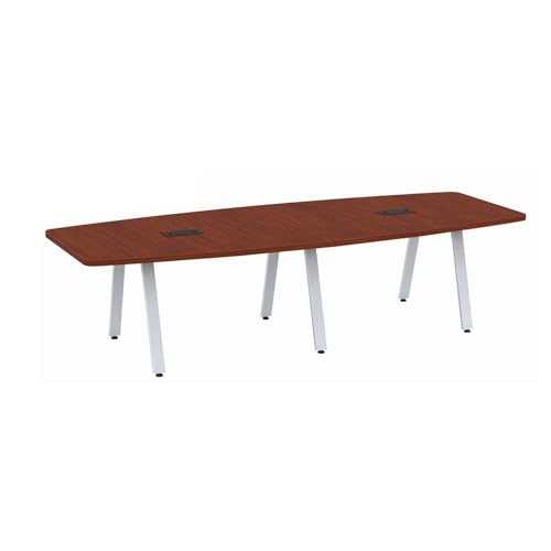 Executive 10 ft Conference Table Wood Boat Shaped Laminated Cherry Finish Metal V Legs Sleek Grommets Racetrack Silver 2 Power Data Modules Ports Desk Meeting Boardroom Office Business Modern - WoodArtSupply