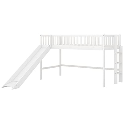 Twin Size Low Loft Bed with Removable Slide and Safety Rails by RORIGAT – Solid Pine Wood Frame, Space-Saving Design in White - WoodArtSupply