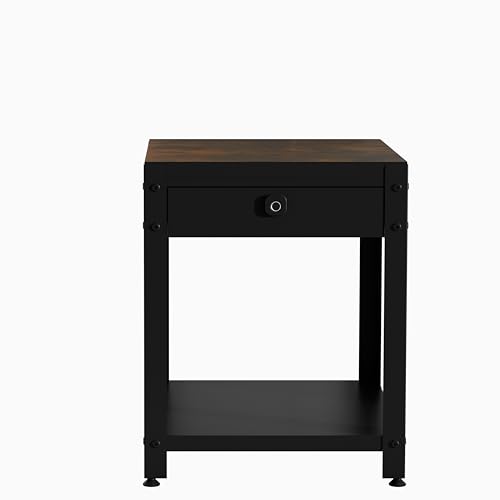 MyVoice End Table with Hidden Storage - Concealment Side Table with Fingerprint Lock, Steel Nightstand for Living Room, Bedroom, Quick-Access (Wood) MyVoice
