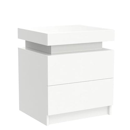 CLIPOP Modern Nightstand, LED Night Stand with 2 High Gloss Chest of Drawers, Bedside Table Cabinet with Remote Control Light, Wood Matte Nightstand 20.6" Tall Bedroom Furniture, White - WoodArtSupply