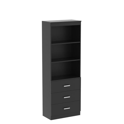 FOTOSOK 71 Inches Tall Vintage Storage Cabinet with 3 Drawers and Open Shelves - Elegant Wooden Bookshelf Organizer in Black - WoodArtSupply