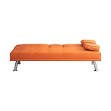 KEIKI 67" Leather Folding Futon Sofa w/Cup Holder & Adjustable Backrest, Mid Century Modern Couch Loveseat Convertible to Sleeper Bed, Comfy Cloud Couch SofaBed for Living Room & Bedroom, Orange KEIKI