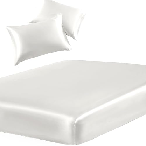 SiinvdaBZX 3-Piece Set Satin Twin Fitted Sheet & 2 Pillowcase, Ivory White Silky Soft Fitted Bottom Sheet, Wrinkle Free, Fade Resistant, Deep Pocket Bed Sheet (Deep Up to 15") SiinvdaBZX