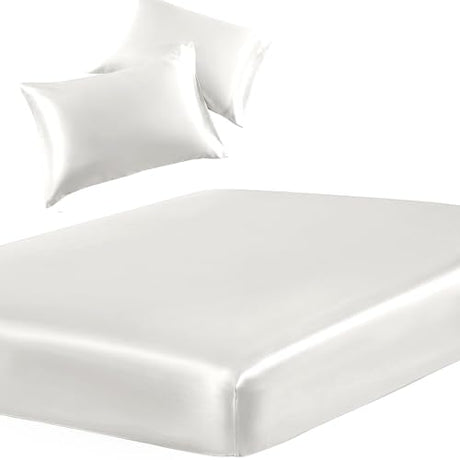 SiinvdaBZX 3-Piece Set Satin Twin Fitted Sheet & 2 Pillowcase, Ivory White Silky Soft Fitted Bottom Sheet, Wrinkle Free, Fade Resistant, Deep Pocket Bed Sheet (Deep Up to 15") SiinvdaBZX