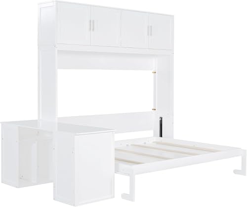 Virubi Queen Horizontal Murphy Bed with Desk and Storage Cabinets,Wood Murphy Wall Bed Queen Size Fold Up Bed Adult Murphy Bed Cabinet Queen Hideaway Bed for Guest Room Living Room Bedroom (White) Virubi