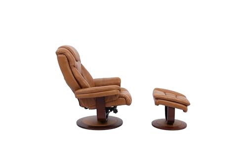 Pemberly Row Stressless Recliner with Ottoman in Brown Leather, Manual Swivel Recliner Chair for Living Room Comfort