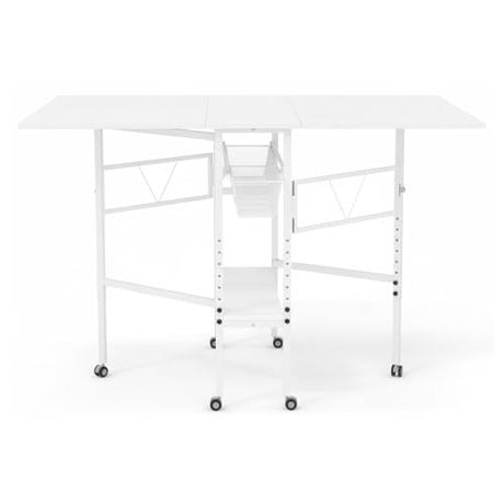 Sew Ready Folding Sewing Craft Table with Storage, Adjustable Height Cutting Desk with Drawers and Wheels for Quilting, Fabric, and Hobby Room, White Sew Ready