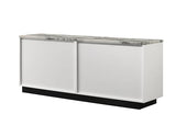 Lilola Home Matilda 63-inch White Cabinet Console Table with Faux Marble Top – Modern 4-Door Storage Design with Adjustable Shelves and Black Contrasting Base for Living Room or Entryway LILOLA LIVING