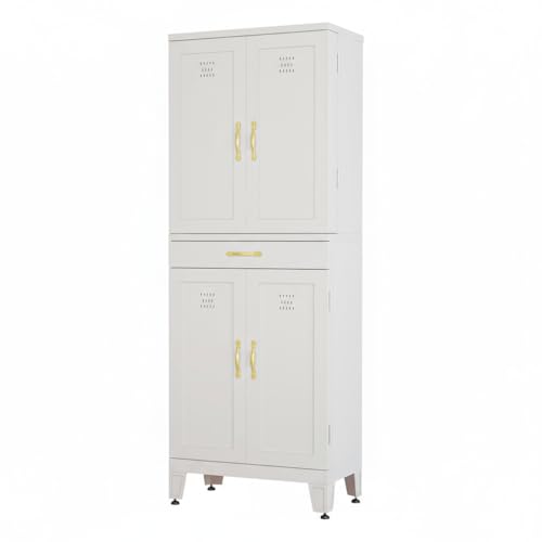 DWVO Metal Storage Cabinet, 71" Kitchen Pantry Cabinet with 4 Door & 4 Adjustable Shelves & Drawer & Door Rack, 6-Tier Tall White Steel Cabinets for Kitchen, Living Room, Dining Room DWVO
