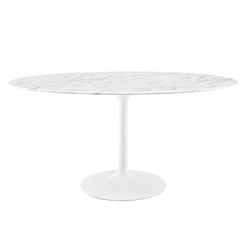 Modway Lippa 60" Oval-Shaped Mid-Century Modern Dining Table with Artificial Marble Top and White Base Modway