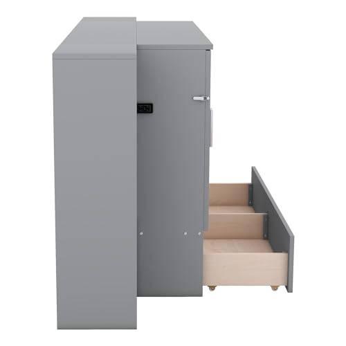 Ball & Cast Full Size Murphy Bed,Cabinet Hideaway Bed with Shelves and Drawers,Wood Wall Bed can be Folded w/USB Ports,Easy Assembly,Platform Bedframe for Kids Bedroom,Student Dorms,Gray Ball & Cast