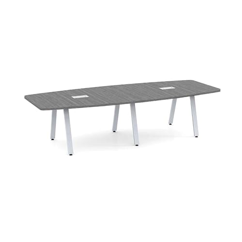 New 10 ft Limited Edition Conference Table Wood Boat Shaped Laminated Silver Finish Metal V Legs Sleek Grommets Racetrack Black 2 Power Data Modules Desk Ports Meeting Boardroom Office Busine - WoodArtSupply