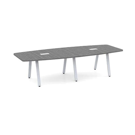 New 10 ft Limited Edition Conference Table Wood Boat Shaped Laminated Silver Finish Metal V Legs Sleek Grommets Racetrack Black 2 Power Data Modules Desk Ports Meeting Boardroom Office Business WoodArtSupply