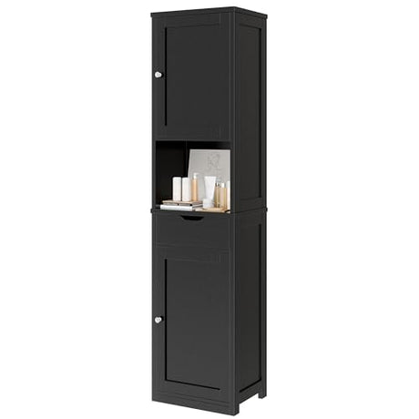 Vongrasig Tall Bathroom Storage Cabine, 64”H Freestanding Storage Pantry Cabinet, Narrow Cabinet with Adjustable Shelves, Open compartments for Small Spaces, Bathroom, Living Room, Kitchen, Black Vongrasig