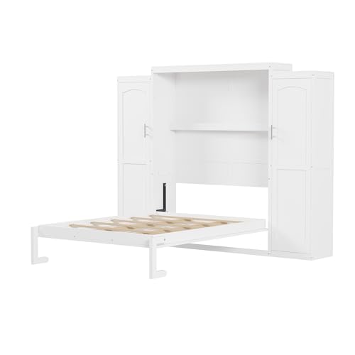 Harper & Bright Designs Full Size Murphy Bed, Wood Full Wall Bed with Two Closets and Storage Shelf, Multifunctional Foldable Platform Bed Frame for Guest-Room/Bedroom, White Harper & Bright Designs