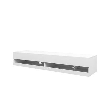 LED Floating TV Stand for 75 inch TV, Modern Wall Mounted TV Shelf with Light String for 55 65 75 Inch TV, Elegant Entertainment Center Equipped with Power Outlet, Front High Gloss TV Console White Banzeem