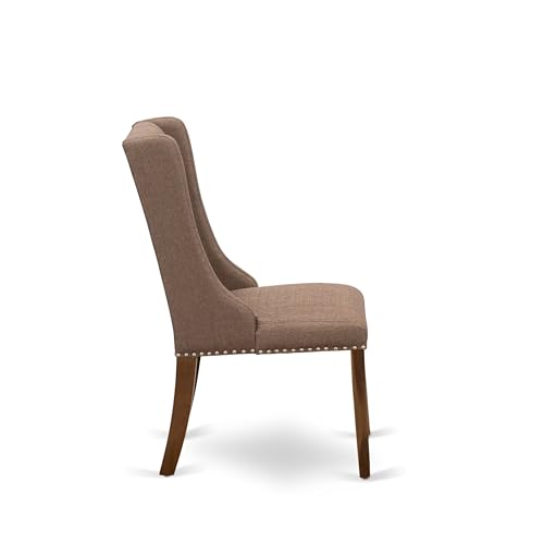 Luxe by East West Furniture LEFO9-AWA-18-9-Piece Kitchen Table Set Includes a Breakfast Table and 8 Brown Linen Fabric Parson Chairs with Button Tufted Chair Back - Antique Walnut Finish. Luxe by East West Furniture