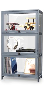 Athena Collection Curio Display Cabinet with Acrylic Doors, 3-Tier Clear Display Case 42” Hight Display Shelf for Trophy Figures Curio Collectibles for Living Room Bedroom, Grey Athena Collection