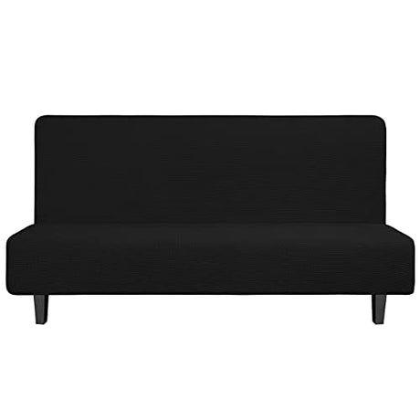Easy-Going Stretch Futon Slipcover Armless Futon Bed Cover Furniture Protector Without Armrests with Elastic Bottom for Kids, Soft Jacquard Fabric Small Checks (Large, Black) Easy-Going