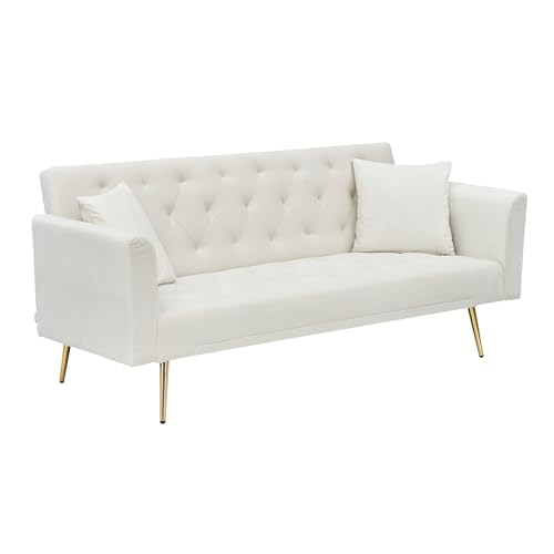 71" Modern Velvet Sofa Bed Futon, Convertible Sleeper Couch with Adjustable Backrest, Tufted Recliner Loveseat with Golden Chrome Legs & 2 Pillows for Small Spaces, Living Room, Apartment (Beige) Generic