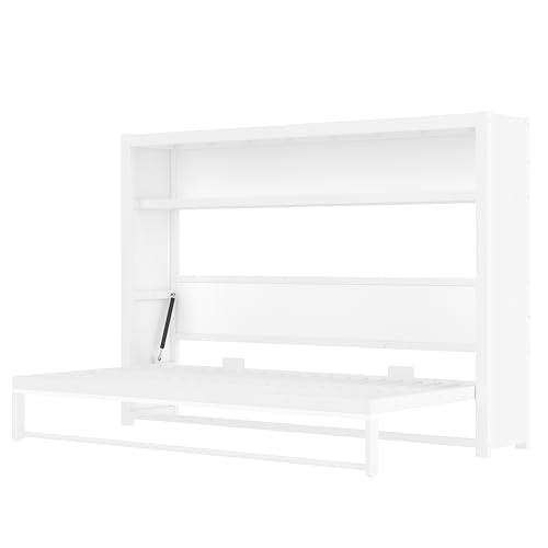 SOFTSEA Twin Size Metal Murphy Bed with Storage Shelves & Hanging Rod, Twin Horizontal Wall Bed Cabinet, Space-Saving Hideaway Folding Bed Frame for Guest Room, White SOFTSEA