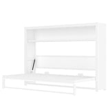 SOFTSEA Twin Size Metal Murphy Bed with Storage Shelves & Hanging Rod, Twin Horizontal Wall Bed Cabinet, Space-Saving Hideaway Folding Bed Frame for Guest Room, White SOFTSEA