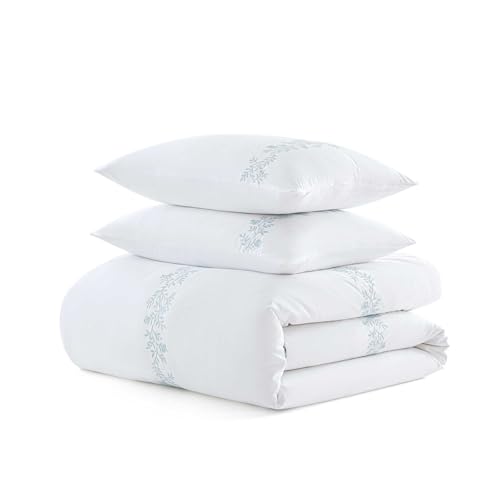 Martha Stewart - King Duvet Cover Set, 100% Soft Cotton Bed Set with a Smooth Cotton Percale Reverse, 3 Piece Floral Bedding with Matching Pillowcases (Garden Path Embroidery Blue) Martha Stewart