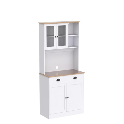 MUPATER 72'' Kitchen Pantry Cabinet Storage Hutch with Microwave Stand, Freestanding Pantry Buffet Cabinet with Adjustable Shelves, Cupboard and Drawer for Home, White MUPATER