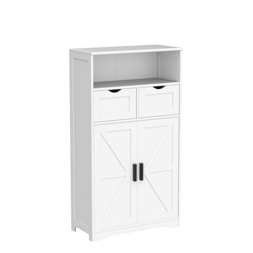 WEENFON Vintage White Floor Cabinet with Barn Doors, 2 Drawers, and Adjustable Shelf for Versatile Home Storage