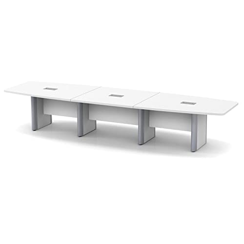 Thaweesuk Shop 14 FT White Finishes Modern Boat Shaped Conference Table Wood Hide Wires Inside Elliptical Metal Silver Legs Desk Grommets Racetrack Room Office Meeting Furniture Business Boardroom Generic