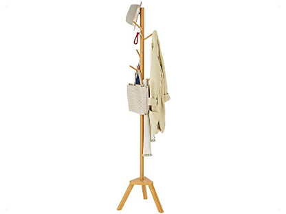 Sywhitta Coat Rack Stand, Premium Bamboo Free Standing Coat Rack with 6 Hooks, Easy Installation Clothes Hanger Stand, Burlywood