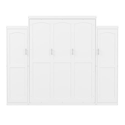 Ball & Cast Queen Size Murphy Bed with Two Wardrobe and Storage Shelf, Wall Bed Frame Folding into Cabinet Design,Multifunctional Foldable Platform Bed for Small Space,Bedroom,Guest Room, White Ball & Cast