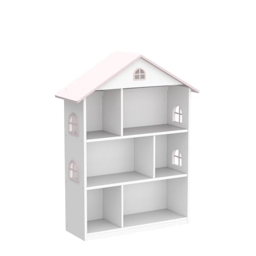 WODENY Pink Wooden Dollhouse Bookcase - 3-Tier Storage Organizer for Kids' Toys and Books WODENY