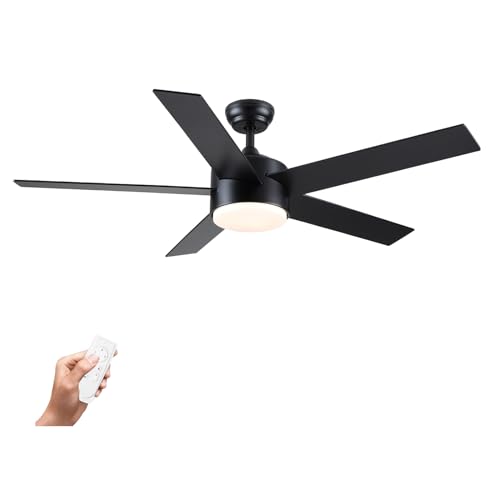 POCHFAN 52 inch Black Ceiling Fans with Lights and Remote Control, Dimmable 3-Color Temperatures LED Ceiling Fan, Wooden Quiet Reversible Modern Ceiling Fan for Bedroom, Living Room, Dining R - WoodArtSupply